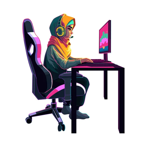 ヒジャーブとヘッドセットのイスラム教徒の女の子のゲーマーやストリーマーは コンピュータの前に座っています サイドビュー 漫画アニメスタイル 白地に隔離されたベクトル文字 — ストックベクタ