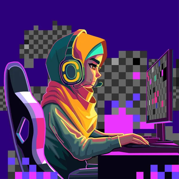Menina Muçulmana Gamer Streamer Hijab Fone Ouvido Senta Frente Computador — Vetor de Stock