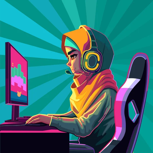ヒジャーブとヘッドセットのイスラム教徒の女の子のゲーマーやストリーマーは コンピュータの前に座っています サイドビュー 漫画アニメスタイル 抽象的な放射状の背景に隔離されたベクトル文字 — ストックベクタ