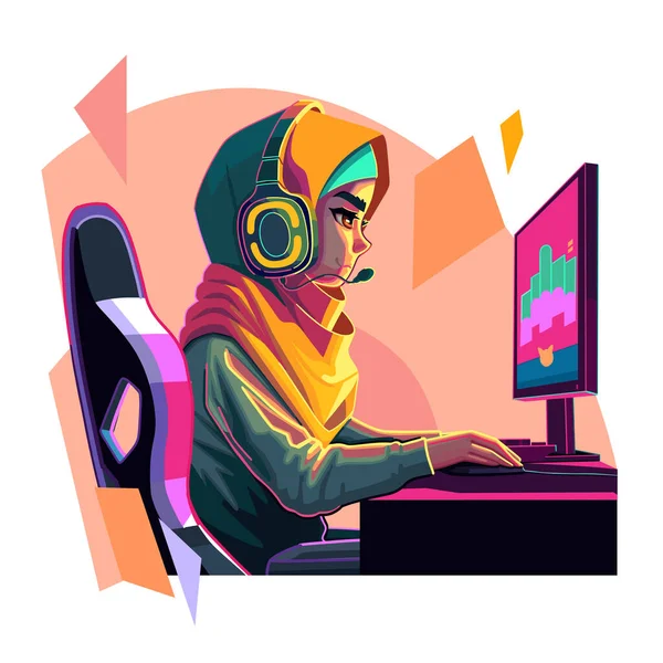 ヒジャーブとヘッドセットのイスラム教徒の女の子のゲーマーやストリーマーは 抽象的なグラフィック組成物の上にコンピュータの前に座っています サイドビュー 漫画アニメスタイル 白地に隔離されたベクトル文字 — ストックベクタ