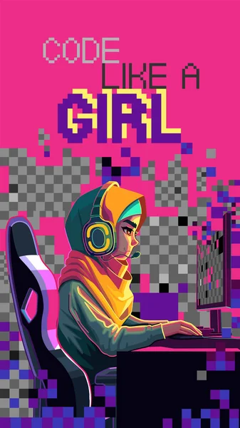 Muslimische Programmiererinnen Sitzen Hidschab Und Mit Headset Vor Einem Computer — Stockvektor