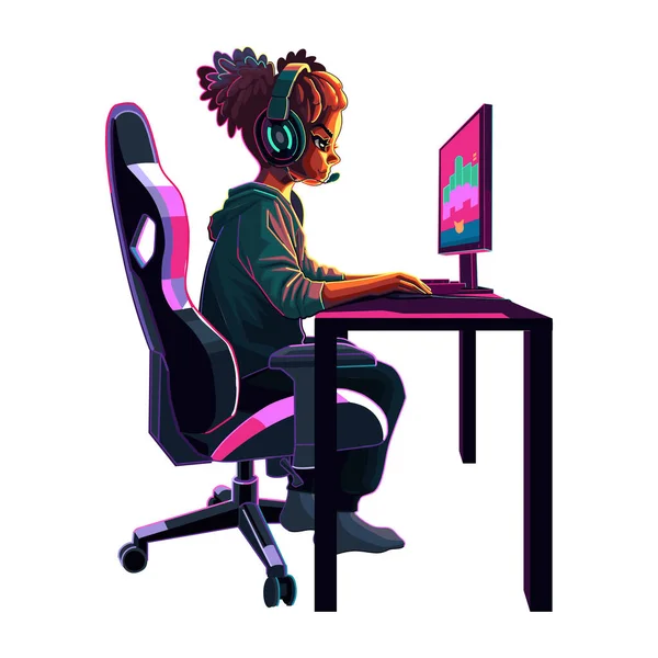 ヘッドセットを持つアフリカの女の子のゲーマーやストリーマーは コンピュータの前に座っています サイドビュー 漫画アニメスタイル 白地に隔離されたベクトル文字 — ストックベクタ