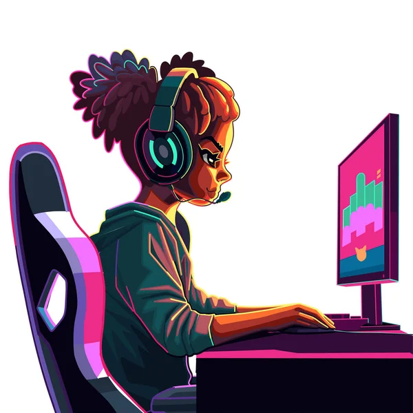带着耳机的非洲女孩游戏玩家或流媒体玩家坐在电脑前 侧面看 卡通动漫风格 在白色背景上孤立的向量字符 — 图库矢量图片