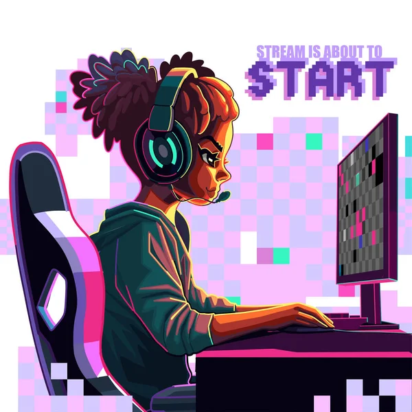 猫の耳のヘッドセットを持つアフリカの女の子のゲーマーやストリーマーは 抽象的なピクセル上のコンピュータの前に座っています サイドビュー 漫画アニメスタイル 白地に隔離されたベクトル文字 — ストックベクタ