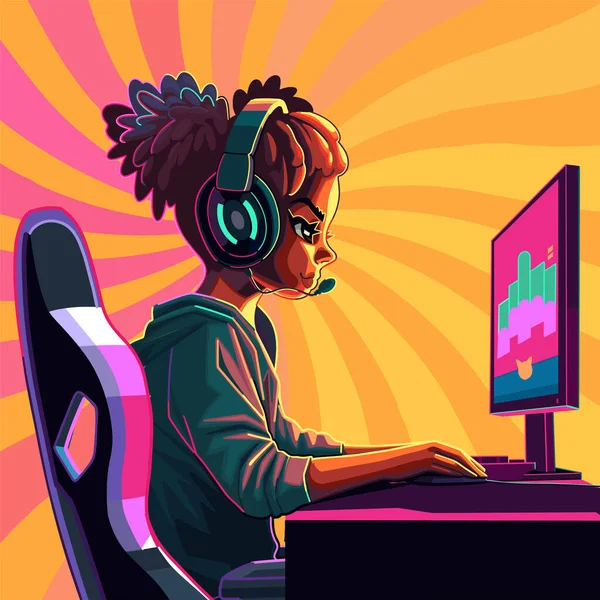 猫の耳のヘッドセットを持つアフリカの女の子のゲーマーやストリーマーは コンピュータの前に座っています サイドビュー 漫画アニメスタイル 抽象的な放射状の背景に隔離されたベクトル文字 — ストックベクタ