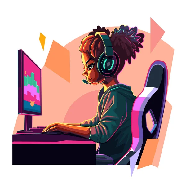 带着耳机的非洲女孩游戏玩家或流媒体玩家坐在电脑前观看抽象的图形作文 侧面看 卡通动漫风格 白色背景下孤立的矢量字符设计 — 图库矢量图片