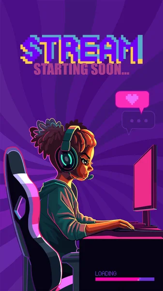 Garota Africana Gamer Streamer Com Fone Ouvido Senta Frente Computador —  Vetores de Stock