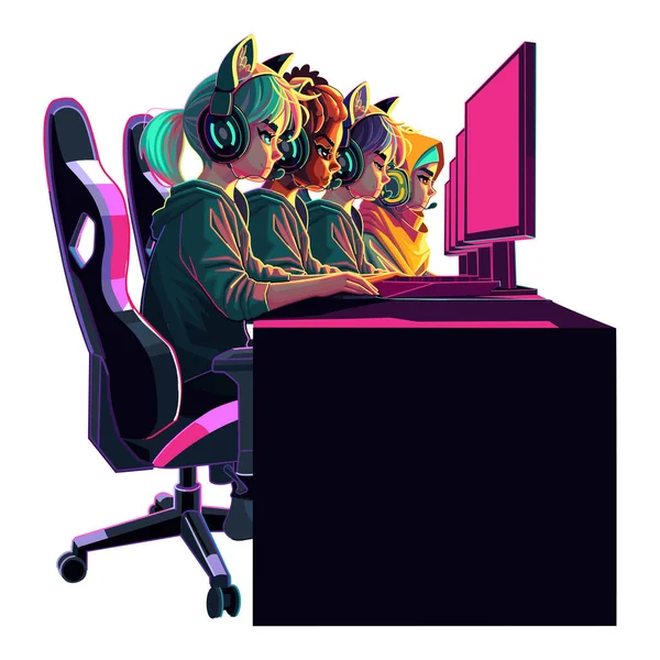 ヘッドセットにコンピュータの前に座っている多様な女の子のゲーマーやプログラマーのチーム サイドビュー 漫画アニメスタイル ベクトルキャラクターデザイン — ストックベクタ