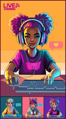 Kedi kulaklıklı kızların video konferansı faresi ve klavyesiyle bir bilgisayarın önünde duruyor. Çizgi film tarzı. Beyaz arkaplanda izole edilmiş vektör karakterleri