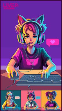 Kedi kulaklıklı kızların video konferansı faresi ve klavyesiyle bir bilgisayarın önünde duruyor. Çizgi film tarzı. Beyaz arkaplanda izole edilmiş vektör karakterleri