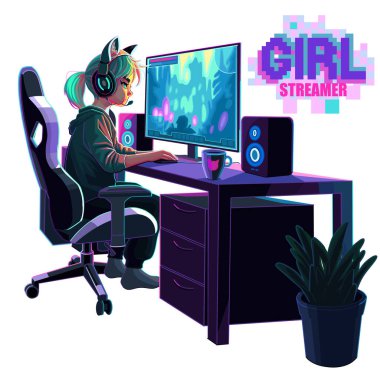 Kız oyuncu ya da kulaklıklı flamalı bilgisayar başında oturuyor. Yan görünüş, çizgi film anime tarzı. Beyaz arkaplanda izole edilmiş vektör karakterleri