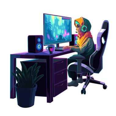 Müslüman kız oyuncu ya da kulaklıklı flamalı bilgisayar başında oturuyor. Yan görünüş, çizgi film anime tarzı. Beyaz arkaplanda izole edilmiş vektör karakterleri