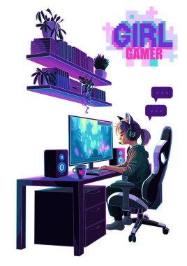 Asyalı kız oyuncu ya da kulaklıklı flamalı bilgisayar başında oturuyor. Yan görünüş, çizgi film anime tarzı. Beyaz arkaplanda izole edilmiş vektör karakterleri