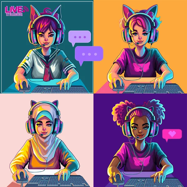 猫耳ヘッドセットを持つ多様な女の子のビデオ会議は 彼女のマウスとキーボードでコンピュータの前に座っています 漫画アニメ風 白地に隔離されたベクトル文字 — ストックベクタ