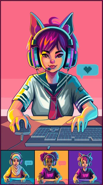 猫耳ヘッドセットを持つ多様な女の子のビデオ会議は 彼女のマウスとキーボードでコンピュータの前に座っています 漫画アニメ風 白地に隔離されたベクトル文字 — ストックベクタ
