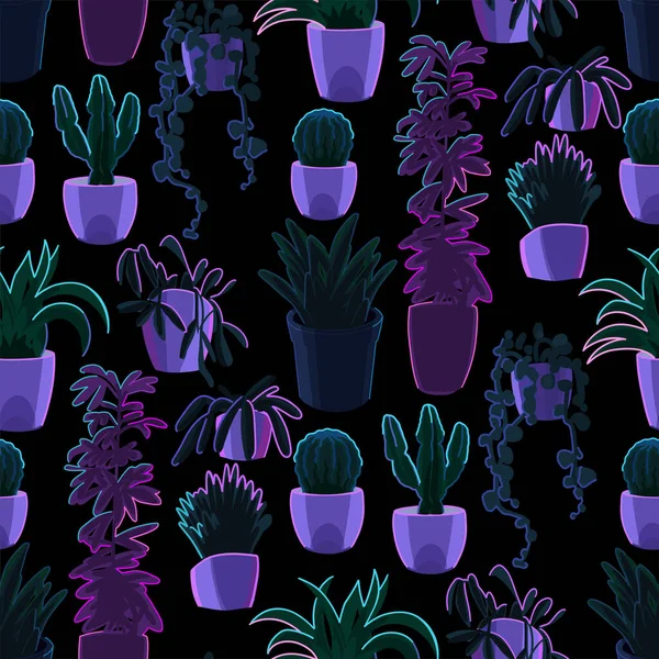 Farklı Saksılardaki Çeşitli Bitkilerinin Soyut Pürüzsüz Desenleri Gece Renk Paleti — Stok Vektör