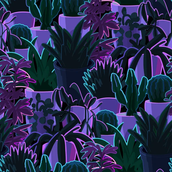 Абстрактный Узор Различных Домашних Растений Разных Горшках Палитра Цветов Ночного — стоковый вектор