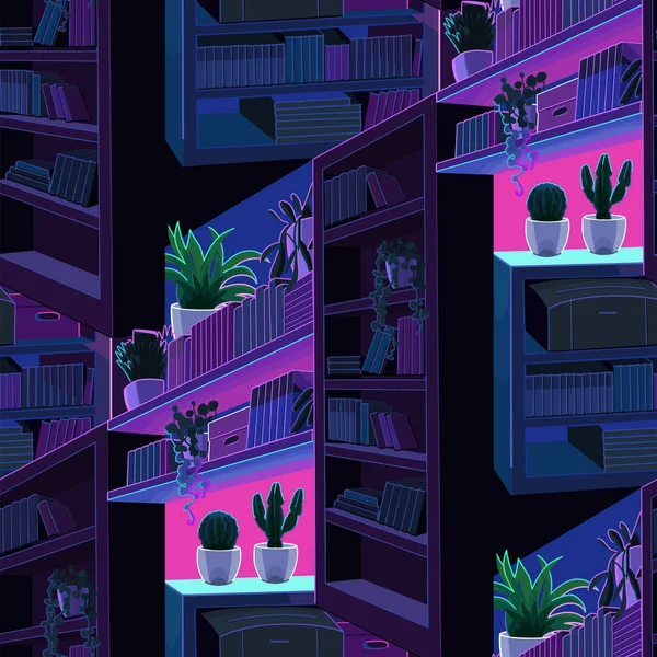 Abstraktes Surrealistisches Nahtloses Regalmuster Mit Büchern Und Pflanzen Dunklen Nachtfarben — Stockvektor
