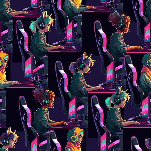 Абстрактный Бесшовный Рисунок Разнообразных Девушек Геймеров Стримеров Сидит Перед Компьютерами — стоковый вектор