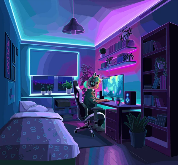 Cute Girl Gamer Streamer Headset Sits Front Computer Her Cozy — Stock Vector