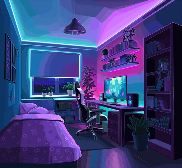 コンピュータと夜ネオン照明付きの十代のゲーマーの非常に居心地の良いベッドルームの典型的なインテリアデザイン ベクターイラスト — ストックベクタ