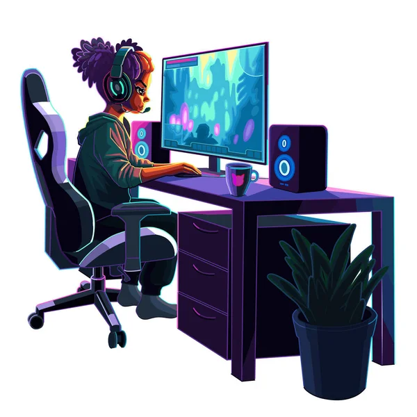 ヘッドセットとアフリカのゲーマーギルやストリーマーは コンピュータの前に座っています サイドビュー 漫画アニメスタイル 白地に隔離されたベクトル文字 — ストックベクタ