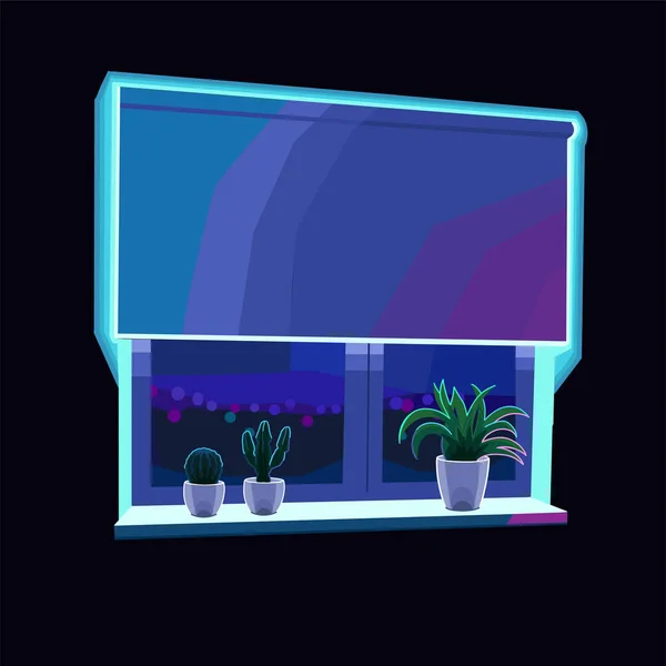 Fenêtre Avec Vue Nocturne Sur Ville Stores Occultants Rouleaux Plantes — Image vectorielle