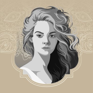 Kıvırcık saçlı güzel bir kızın portresi. Gri tonlu. Vektör illüstrasyonu soyut bir arkaplanda izole edildi