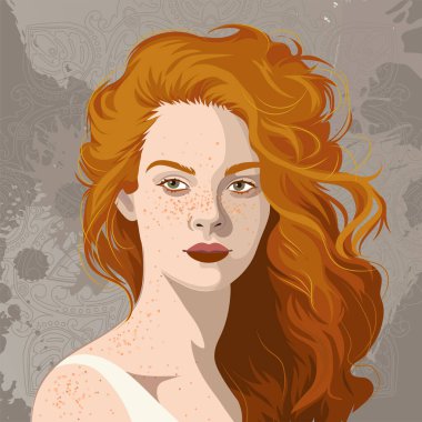 Çilli ve kızıl saçlı güzel bir kızın portresi. Vektör illüstrasyonu soyut bir arkaplanda izole edildi
