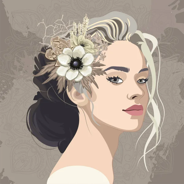 花で飾られた灰色になり始めたばかりのビームと巻き毛の美しい少女の肖像画 抽象的な華やかな背景に隔離されたベクトルイラスト — ストックベクタ