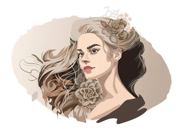 花で飾られた緩やかな巻き毛を持つ美しいブルネットの女の子の肖像 白を基調としたベクトルイラスト — ストックベクタ