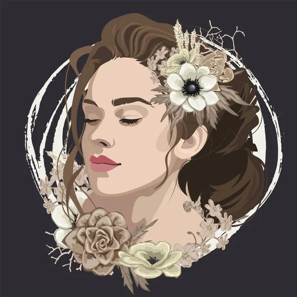 花で飾られたビームと巻き毛の美しいブルネットの女の子の肖像画 黒を基調としたベクトルイラスト — ストックベクタ