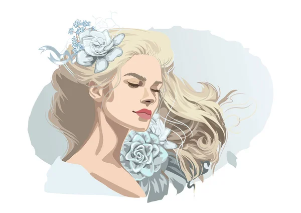 閉じた目と花で飾られた緩やかな巻き毛を持つ美しいブロンドの女の子の肖像画 白を基調としたベクトルイラスト — ストックベクタ