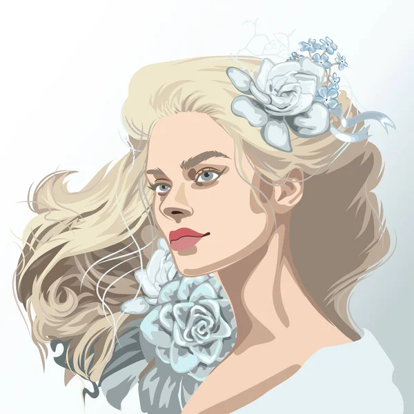 花で飾られた緩やかな巻き毛の美しいブロンドの女の子の肖像画 白を基調としたベクトルイラスト — ストックベクタ