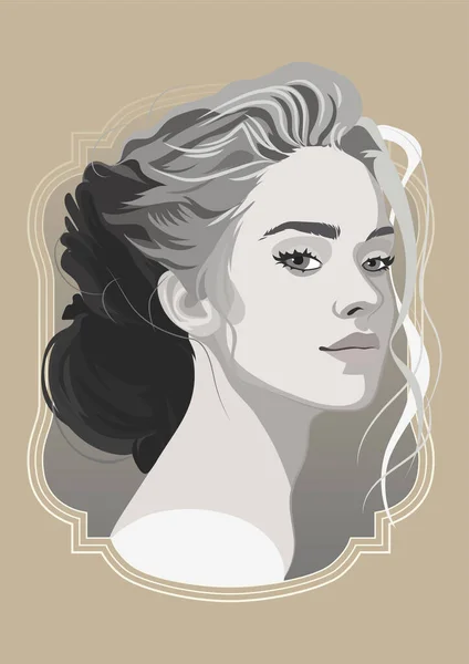 Portrét Krásné Dívky Volnými Kudrnatými Vlasy Stupních Šedi Vektorová Ilustrace — Stockový vektor