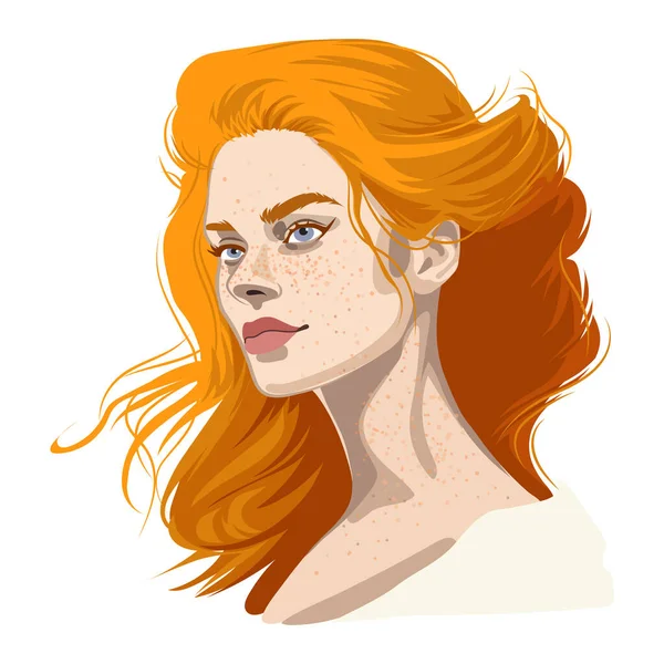 一个有着雀斑和红头发的漂亮女孩的画像 在白色背景上孤立的向量图 — 图库矢量图片