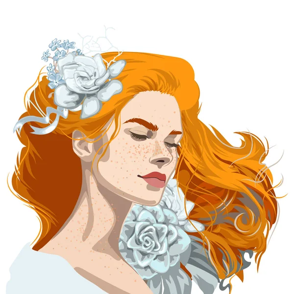 目を閉じた美しい少女の肖像画 花で飾られたそばかすと赤の緩い髪 白を基調としたベクトルイラスト — ストックベクタ