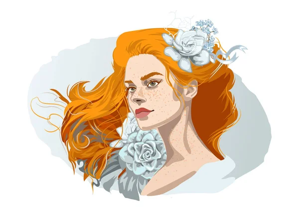 花で飾られたそばかすと赤い緩い髪を持つ美しい女の子の肖像画 白を基調としたベクトルイラスト — ストックベクタ