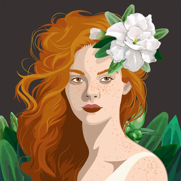 花で飾られたそばかすと赤い緩い髪を持つ美しい女の子の肖像画 白を基調としたベクトルイラスト — ストックベクタ