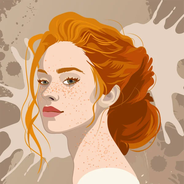 Portrét Krásné Dívky Pihami Zrzavými Vlasy Trámem Vektorová Ilustrace Izolovaná — Stockový vektor