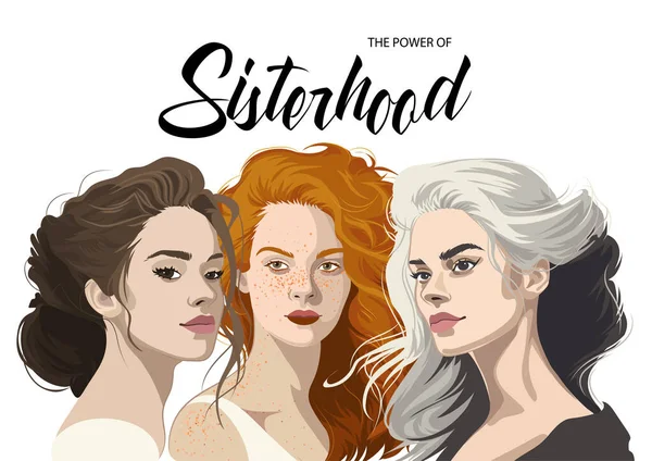 Gruppenporträt Von Drei Schönen Mädchen Mit Verschiedenen Haarfarben Und Stil — Stockvektor