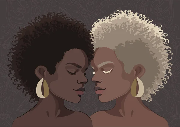 Skupinový Portrét Dvou Krásných Afrických Dívek Brunetkou Blond Kudrnatými Vlasy — Stockový vektor