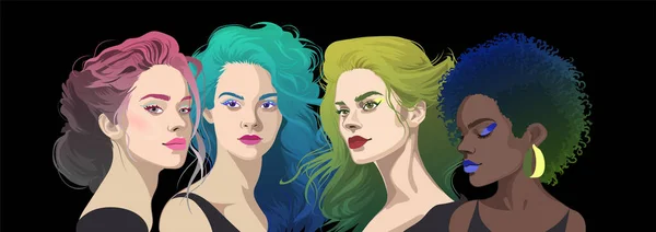 様々な髪の色とスタイルを持つ4人の美しい女の子のグループ肖像画 黒い背景に独立したベクトル図 — ストックベクタ
