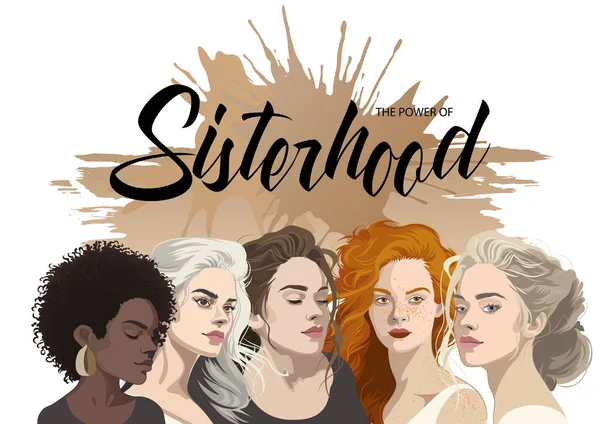 Gruppenporträt Von Fünf Schönen Mädchen Mit Verschiedenen Haarfarben Und Stilrichtungen — Stockvektor