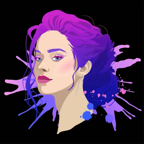 ビームとスプラッシュで紫色の染め髪の美しい女の子の肖像画 黒い背景に独立したベクトル図 — ストックベクタ