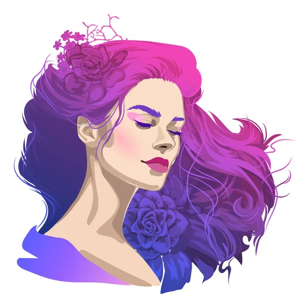 閉じた目と緩やかな紫色の花で飾られた染め髪を持つ美しい女の子の肖像画 白を基調としたベクトルイラスト — ストックベクタ