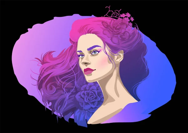 紫色の緩やかな染めの髪の花で飾られた美しい少女の肖像画 黒い背景に独立したベクトル図 — ストックベクタ
