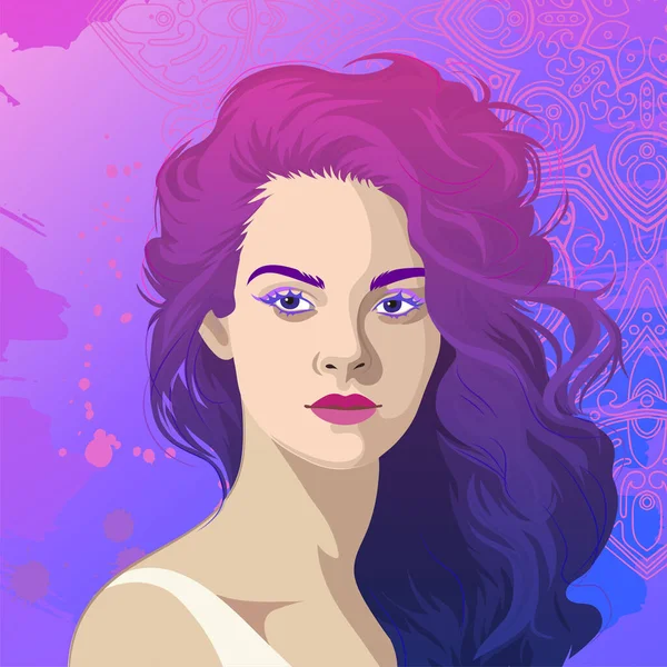 Portrét Krásné Dívky Volnými Fialovými Barvenými Vlasy Vektorová Ilustrace Izolovaná — Stockový vektor