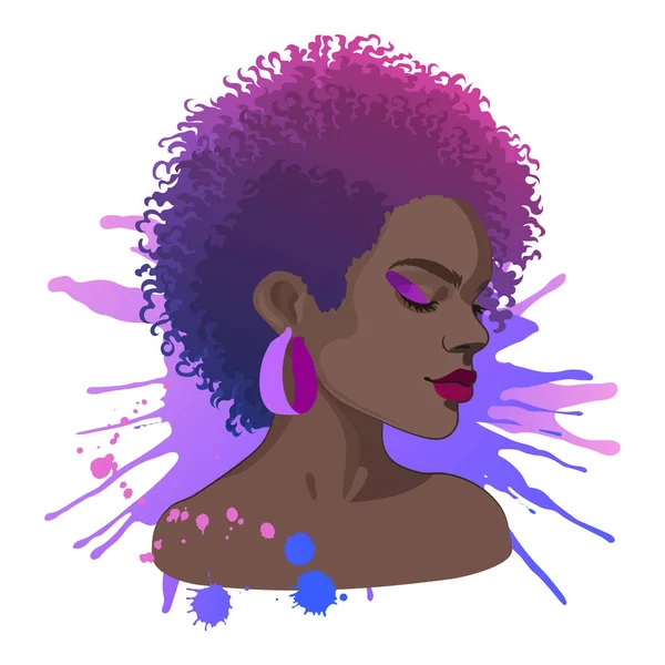 短い巻き毛で飾られた紫色の髪をした美しいアフリカの少女の肖像画 白を基調としたベクトルイラスト — ストックベクタ