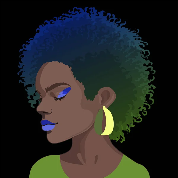 Портрет Красивой Африканской Девушки Короткими Вьющимися Волосами Векторная Иллюстрация Черном — стоковый вектор